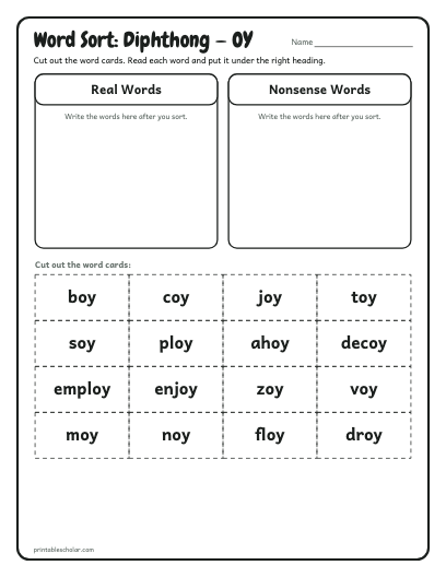 Diphthong — OY word sort printable preview