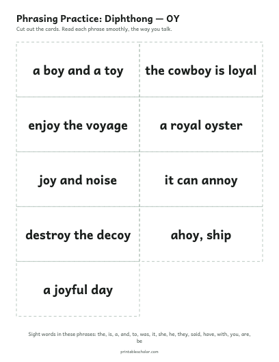 Diphthong — OY phrasing cards printable preview