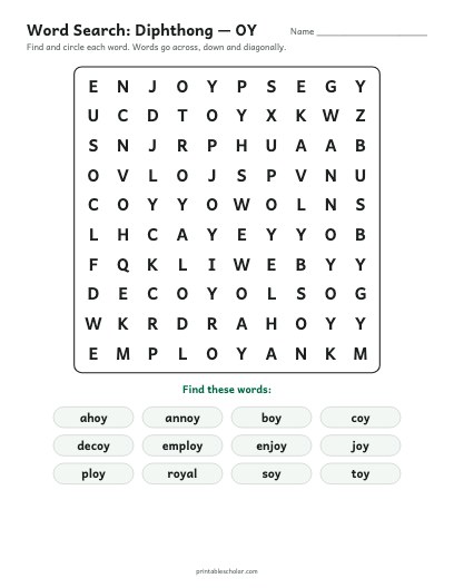 Diphthong — OY word search printable preview