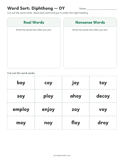 Diphthong — OY word sort printable preview