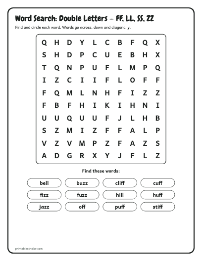 Double Letters — FF, LL, SS, ZZ word search printable preview