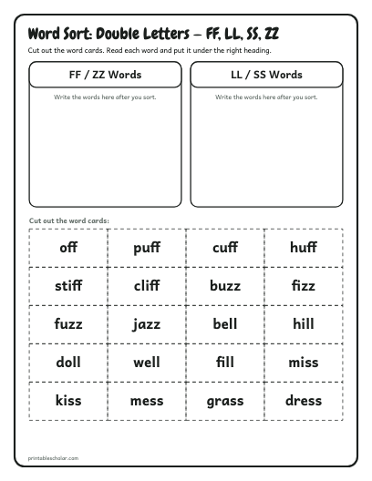 Double Letters — FF, LL, SS, ZZ word sort printable preview