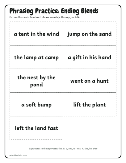 Ending Blends phrasing cards printable preview