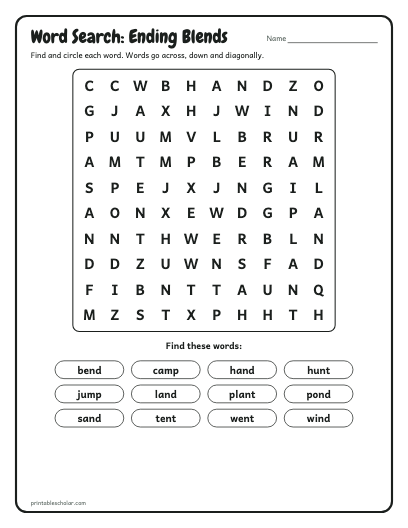 Ending Blends word search printable preview