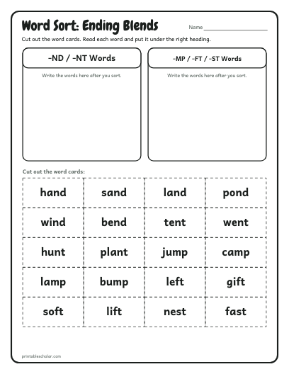 Ending Blends word sort printable preview