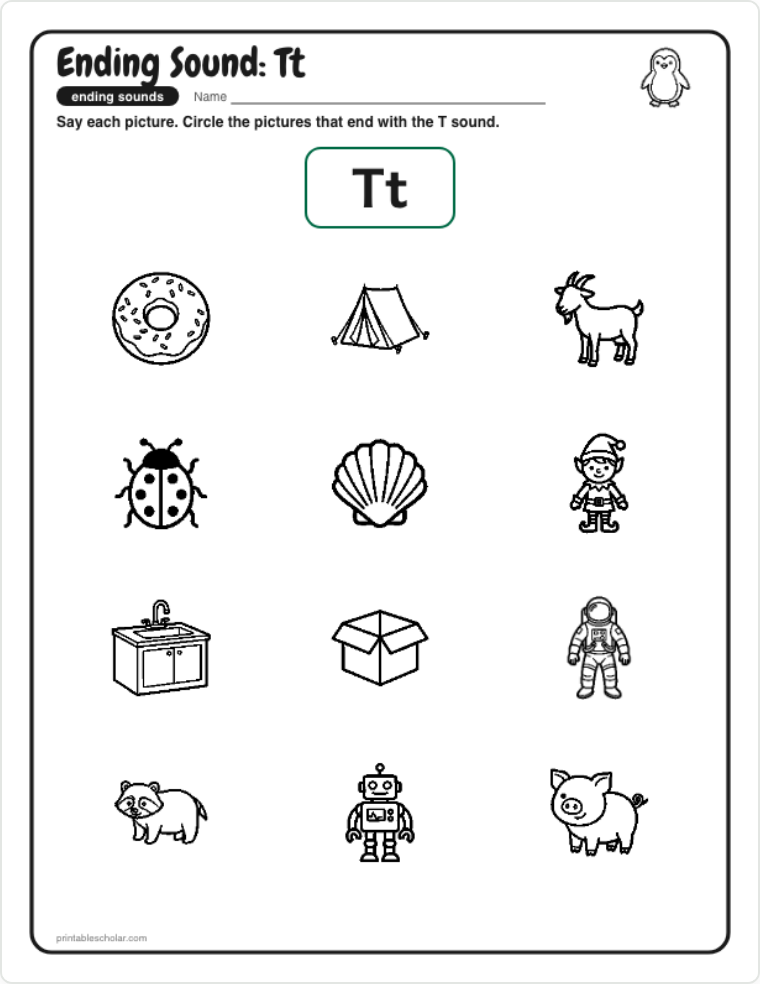 Ending Sounds Worksheets sample page