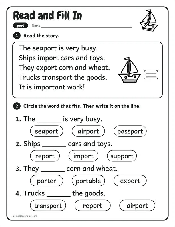 Read and Fill In: a free root port word work worksheet