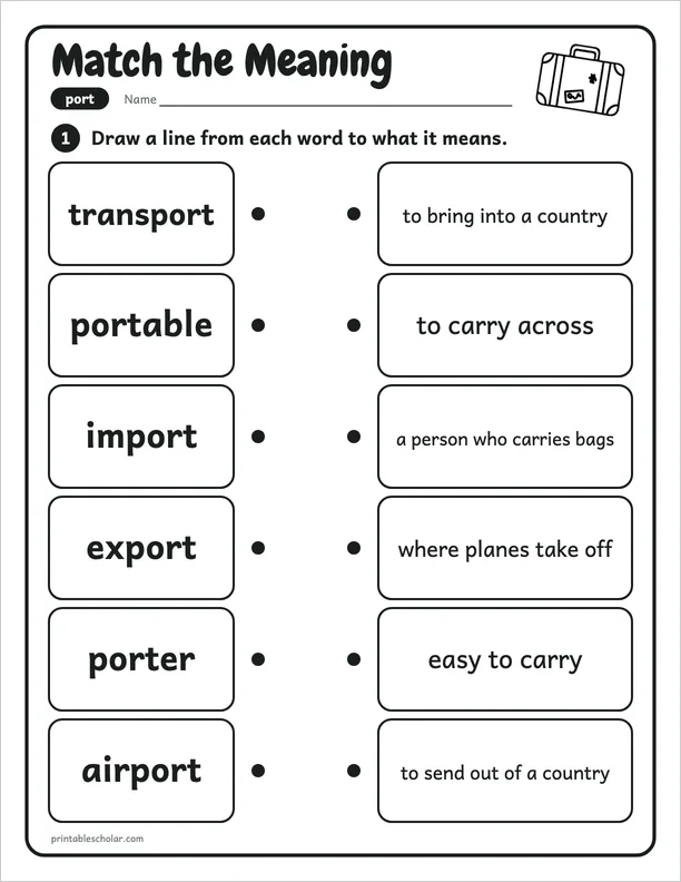 Match the Meaning: a free root port word work worksheet