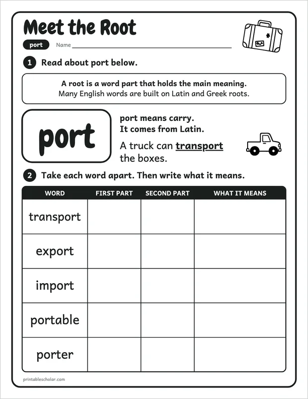 Meet the Root: port: a free root port word work worksheet