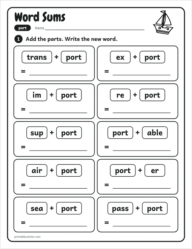 Word Sums: a free root port word work worksheet