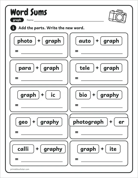 Word Sums worksheet from the Level 6 Word Work: Greek and Latin Roots pack