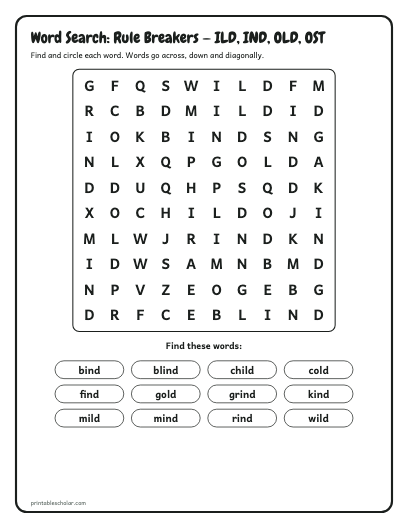 Rule Breakers — ILD, IND, OLD, OST word search printable preview