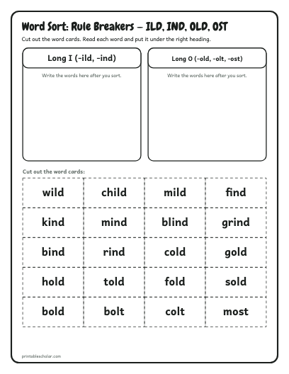 Rule Breakers — ILD, IND, OLD, OST word sort printable preview