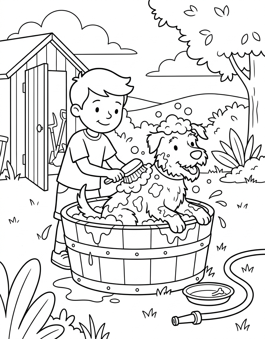 Wes Washes Gus coloring page illustration