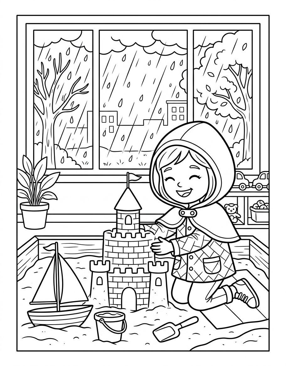Jane's Rainy Day Beach Trip coloring page illustration