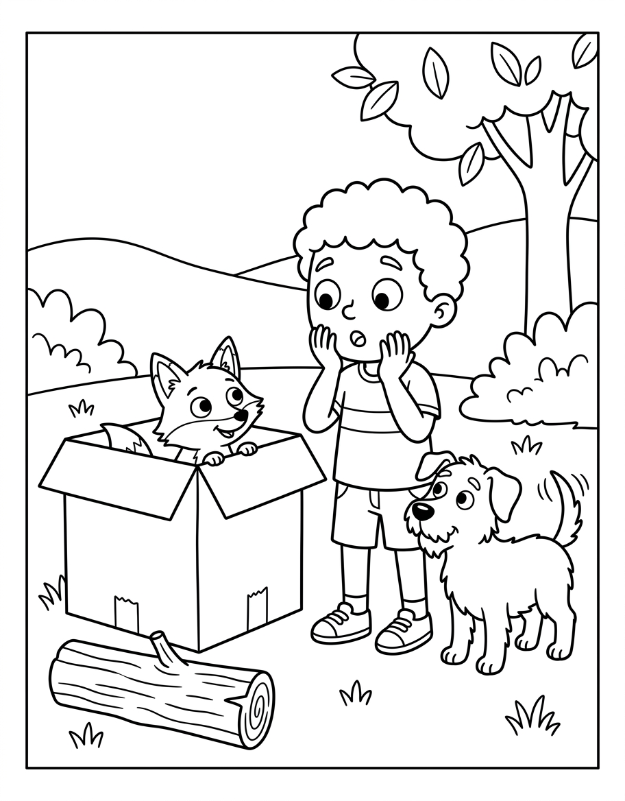 Ron and the Fox in a Box coloring page illustration