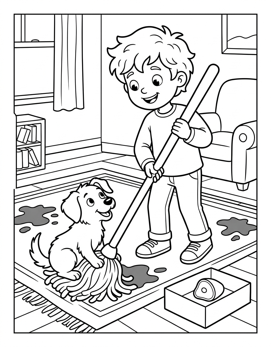 Tom's Big Mop coloring page illustration