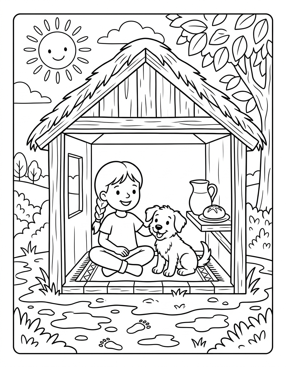 A Pup in a Hut coloring page illustration