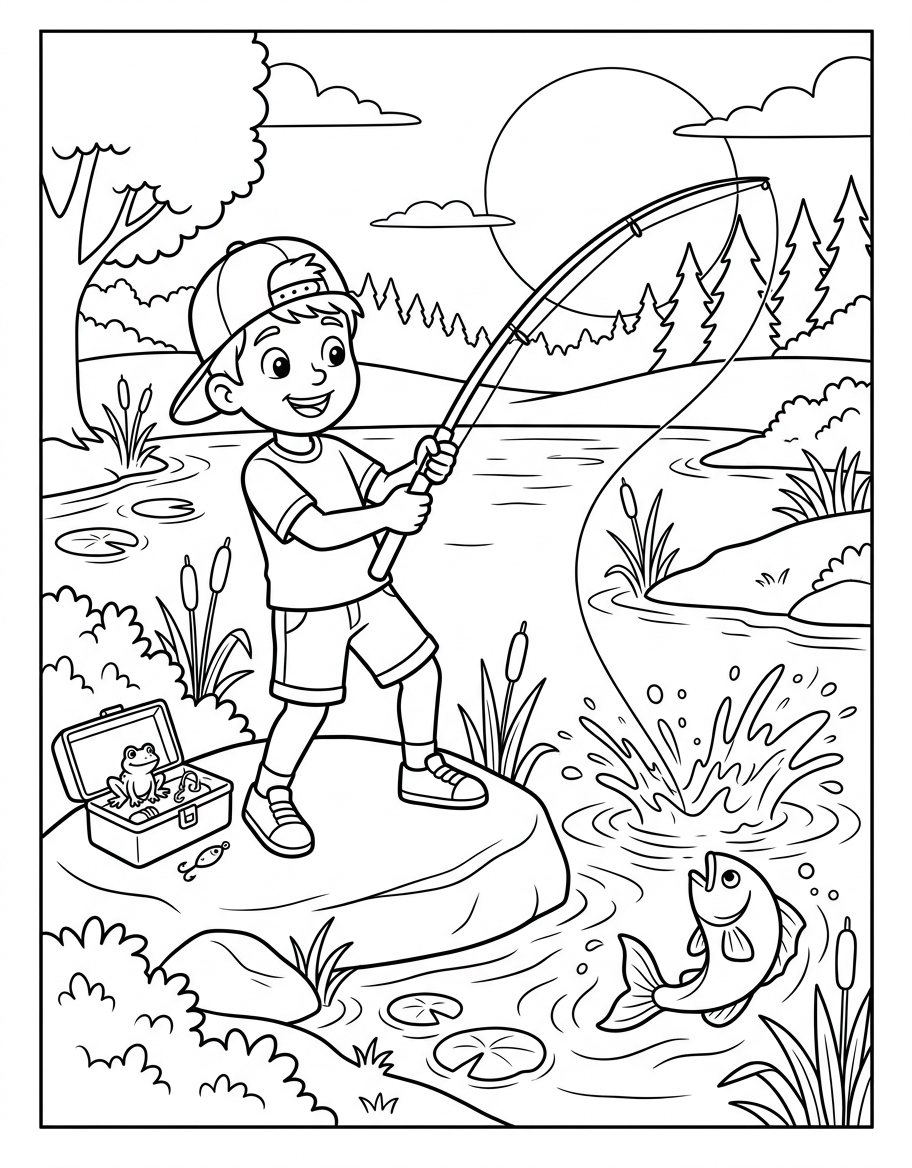Trent's Big Catch coloring page illustration