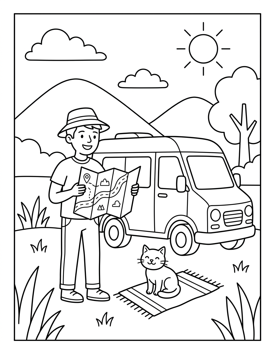 A Man in a Van coloring page illustration
