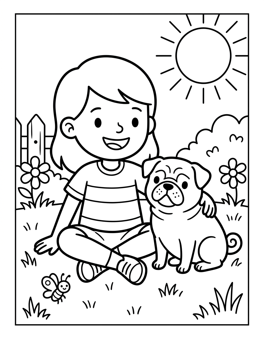 Jen and the Pug coloring page illustration
