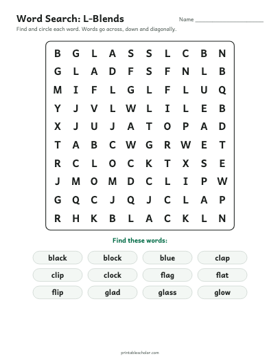 L-Blends word search printable preview