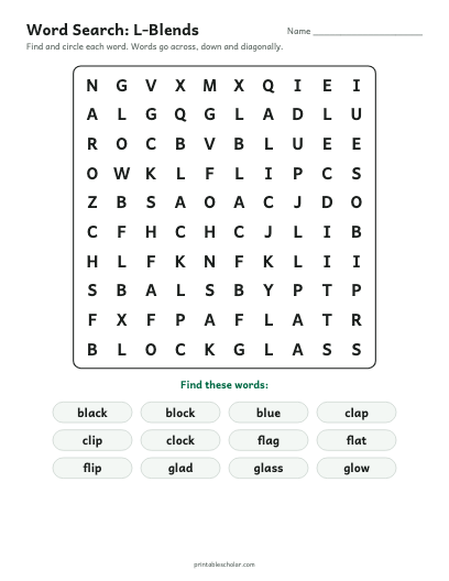 L-Blends word search printable preview