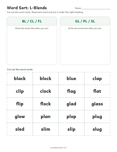 L-Blends word sort printable preview