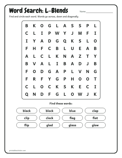 L-Blends word search printable preview