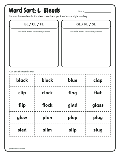 L-Blends word sort printable preview