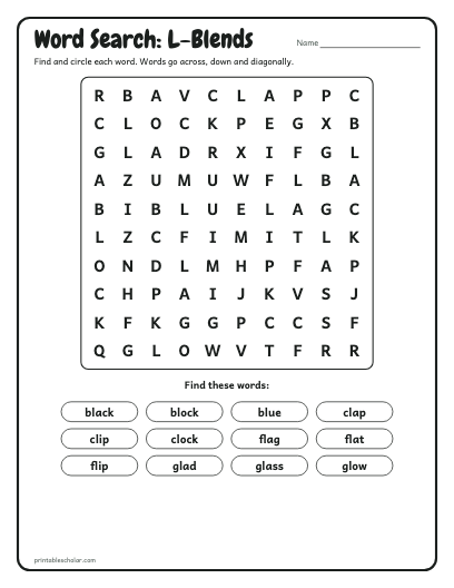 L-Blends word search printable preview