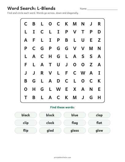 L-Blends word search printable preview