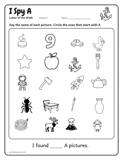 I Spy A: letter A worksheet preview