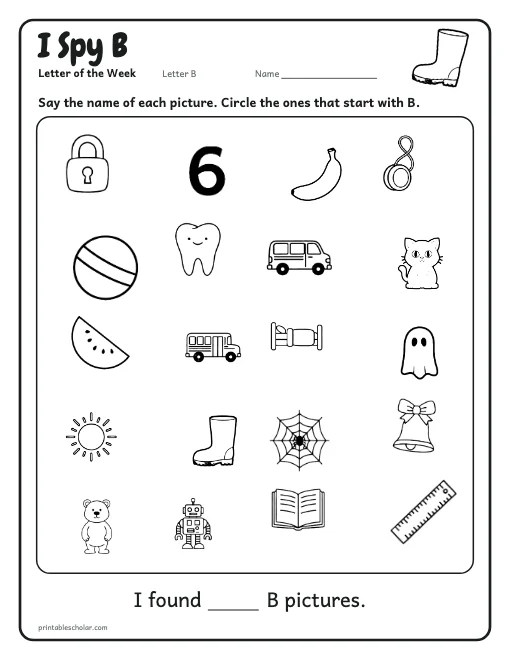 I Spy B: letter B worksheet preview