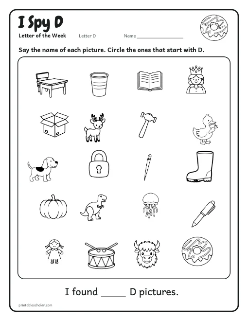 I Spy D: letter D worksheet preview