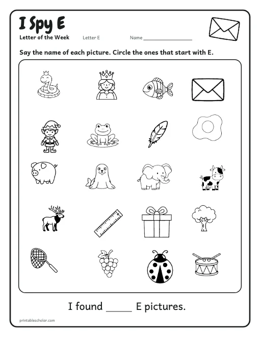 I Spy E: letter E worksheet preview