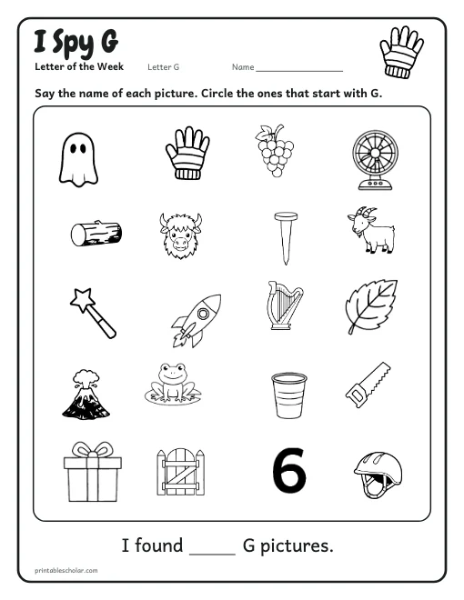 I Spy G: letter G worksheet preview