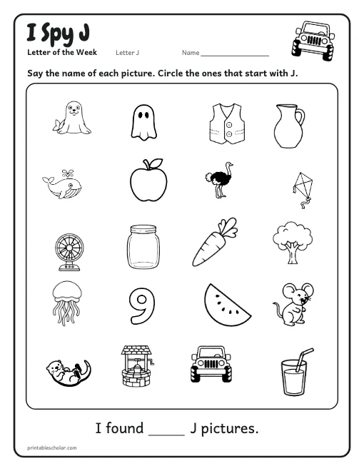 I Spy J: letter J worksheet preview