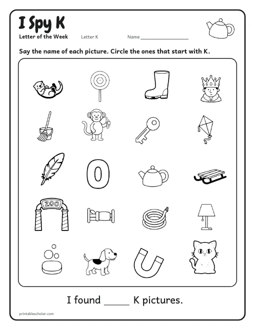 I Spy K: letter K worksheet preview