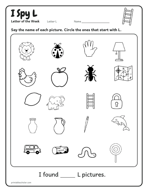 I Spy L: letter L worksheet preview