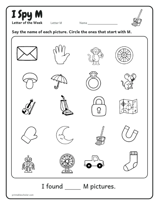 I Spy M: letter M worksheet preview