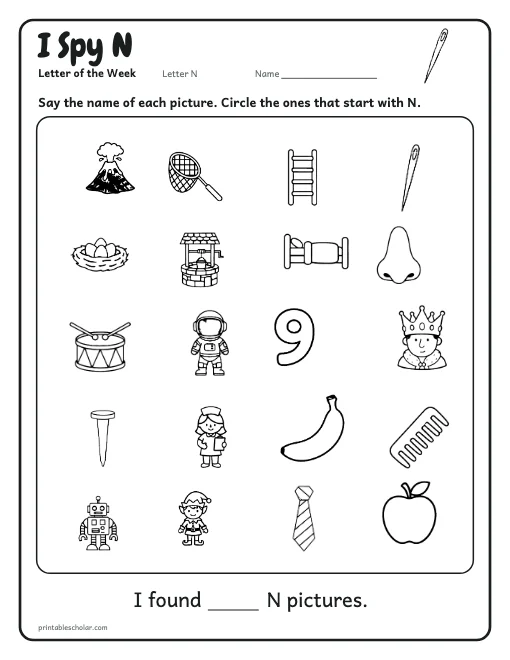 I Spy N: letter N worksheet preview