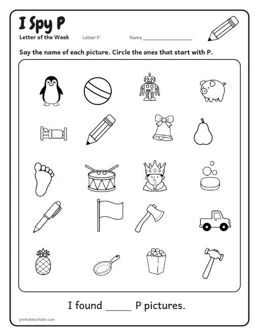 I Spy P: letter P worksheet preview