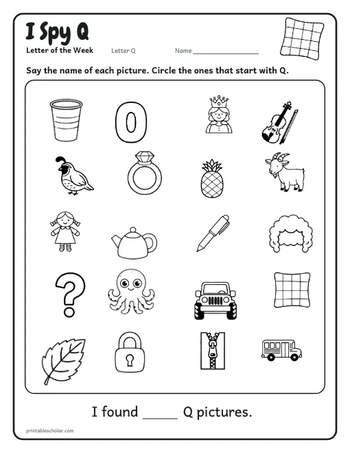I Spy Q: letter Q worksheet preview