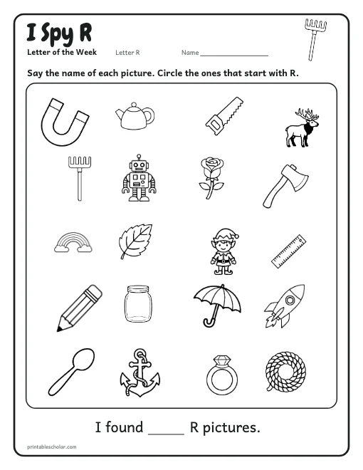 I Spy R: letter R worksheet preview