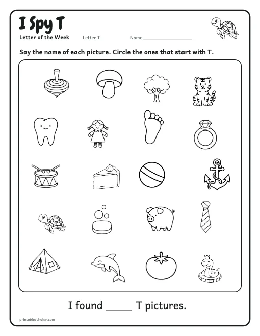 I Spy T: letter T worksheet preview