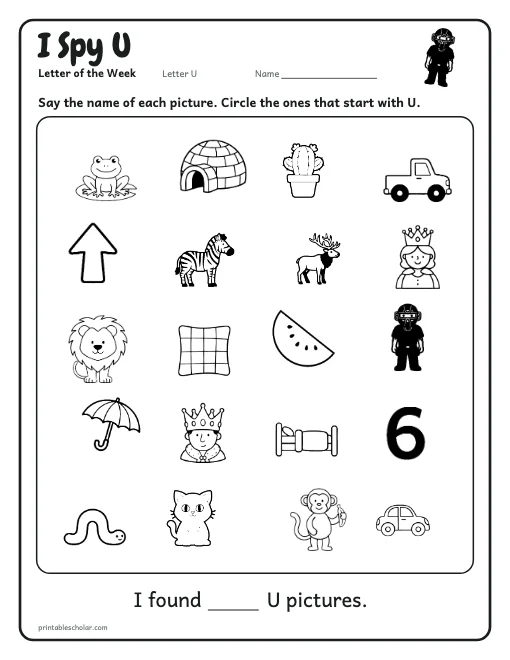 I Spy U: letter U worksheet preview