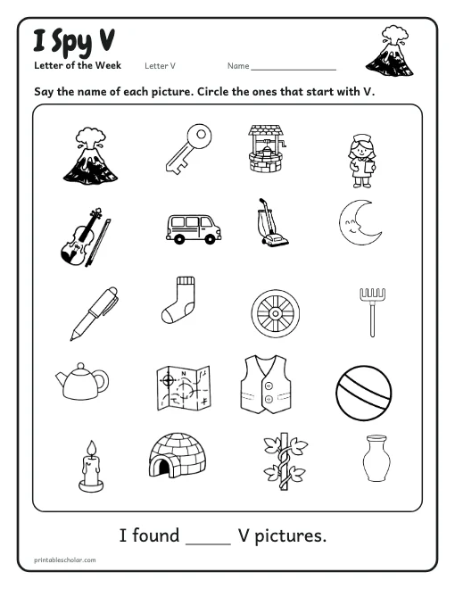 I Spy V: letter V worksheet preview