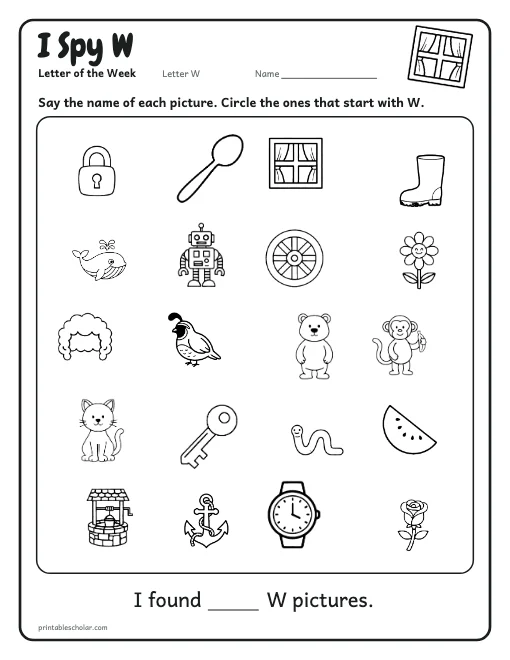 I Spy W: letter W worksheet preview