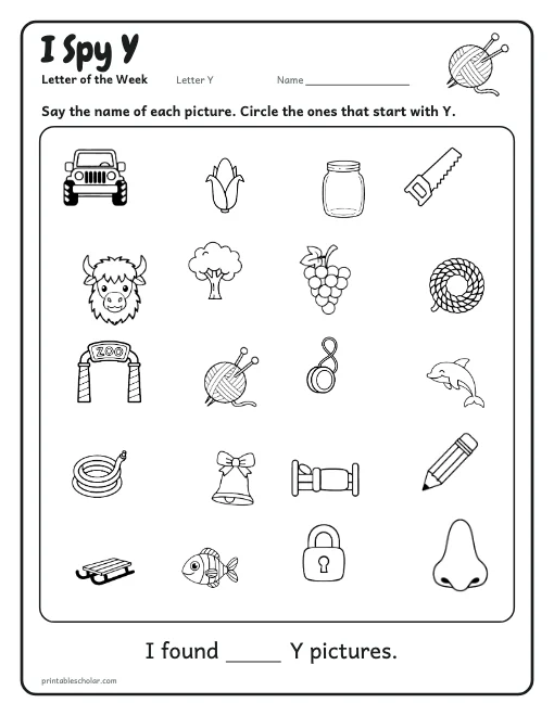 I Spy Y: letter Y worksheet preview